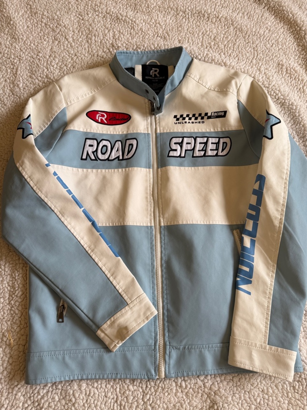 Refinery Republic Road Speed Racing Jacket in Light Blue and Cream